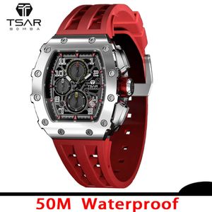 Tsar Bomba Mens Watches Luxury Sport Chronograph Quartz Polshipwatch Sapphire Glass Roestvrij staal Tonneau Design Watch voor mannen H1012