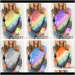 Camiseta Tops Tees Roupas Femininas Vestuário Drop Delivery 2021 Moda Feminina Arco-Íris Moletom Gradiente Camisolas Manga Comprida Gola Tripulada T-shirt Tie Dye