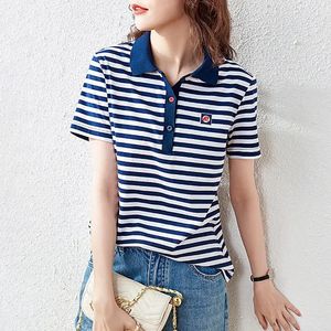 Camiseta de cuello de polo para mujer para mujeres Topas de manga corta Tops azules Venta de algodón de algodón con tendencia sintética de collar V 240409