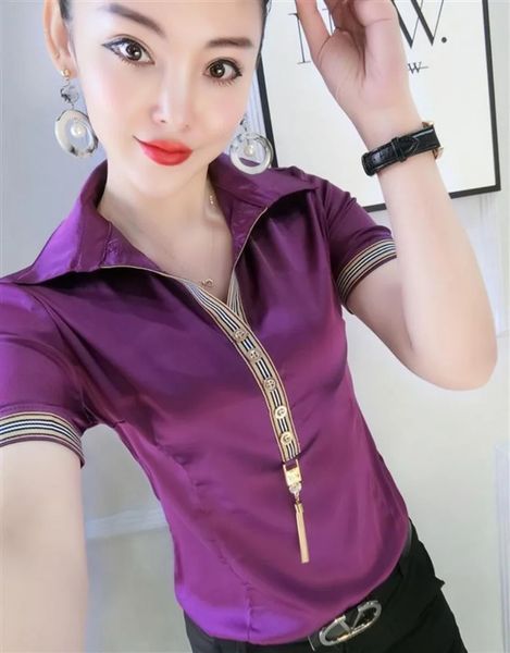 Tshirt Femme T-shirt à manches courtes Polo Col Chemises pour femmes Vêtements unis Style coréen Tops Esthétique avec col de haute qualité V 240301