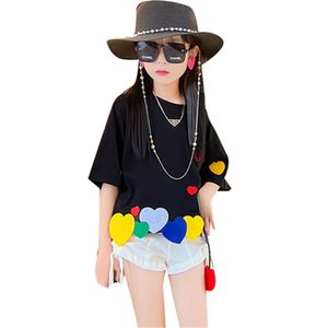 T -shirts Fashion Girls Design T -shirts met kleurrijke hart losse topkleding voor kinderen Koreaanse Koreaanse korte mouw T -stukken 414 jaar 230412