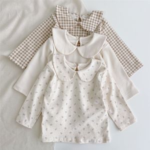 T-shirts Fille Doux Col Claudine Mode Plaid Manches Longues Tops Rétro Floral Doux Bébé Bas Chemise Coton Solide Vêtements 230214