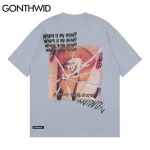 T-shirts Hip Hop Lip Print Pins Ripped Trous détruits Punk Rock Gothic Tee Shirts Streetwear Harajuku Casual Loose Tops 210602