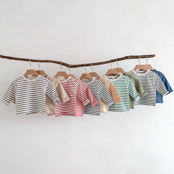 T-shirts Infant Casual Solid Tops Garçons Simple Rayé Manches Longues Tshirt Oneck Pull Bottoming Shirt Filles Coton Maillot 230601