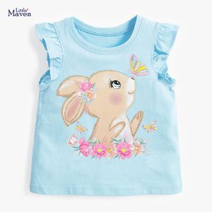 T -shirts Little Maven 2023 Mooie konijnen Zomerkleding Blue Korte mouwen T -shirt Babymeisjes Katoen Ademboere tops voor kinderen 2 tot 7 jaar 230412