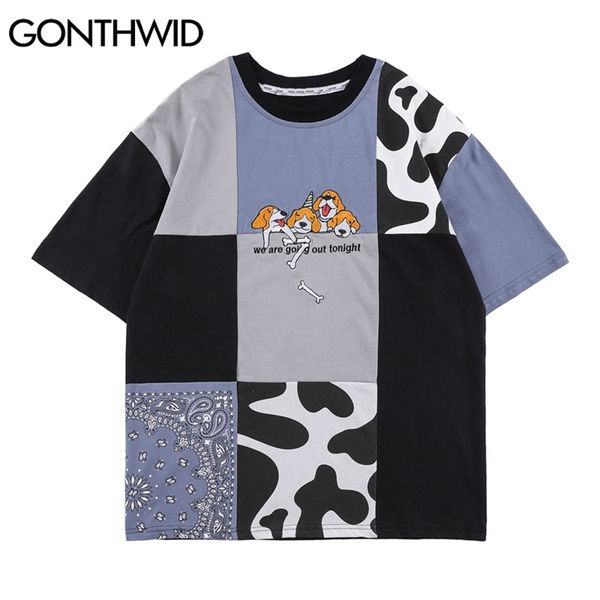 T-shirts Streetwear Funny Broderie Chiens Couleur Bloc Patchwork Tees Chemises Harajuku Mode Coton Lâche Casual Tops 210602