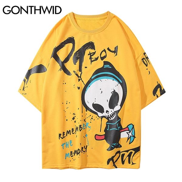 Camisetas Streetwear Hip Hop Graffiti Dibujos animados Grim Reaper Imprimir Punk Rock Gótico Tees Camisas Harajuku Casual Tops sueltos 210602