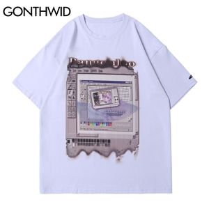 T-shirts Vintage en détresse Computer Window Imprimer Tees Streetwear Hip Hop Casual Coton T-shirts Hommes Tops à manches courtes 210602