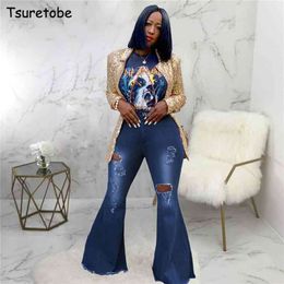 Tsuretobe Herfst Plus Size Flare Pant Ripped Jeans Mode Hoge Taille Wide Poot Casual Bell-Bottoms Broek 210629