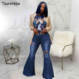Tsuretobe Herfst Plus Size Flare Pant Ripped Jeans Mode Hoge Taille Wide Poot Casual Bell-Bottoms Broek 210809
