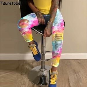 Tsuretobe Ripped Jeans For Women Tie Tye Dye High Waited Jeans Vêtements de mode pour femmes plus jeans jeans Denim Pantalon Pantalon LJ201029