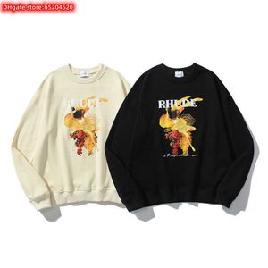 Ttz7 heren hoodie crewneck sweatshirt 2023 nieuw modemerk rhude druiven figuur abstract schilderen print en dames Terry High Street losse casual