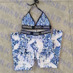 Vintage Bikini Sports Pants Designer Yoga kleding Blue Pattern Swimsuit voor vrouwen sexy tracksuit