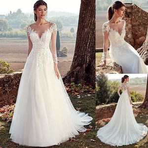 Tule A-lijn Trouwjurken Met Illusion Back Lace Applicaties Lange Mouwen Bruids Bruidsjurken 2020 vestido de noche289G