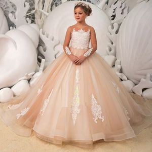 Robe de demoiselle d'honneur en tulle avec appliques en dentelle à nœud à manches longues pour mariage, anniversaire, robe de bal, première communion