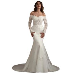 Tule prachtige witte trouwjurk applique kristal kralen lange mouw zeemeermin vloer lengte bruidsjurk vestidos de novia