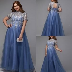 Tule hoge nek avondjurken kant applique blauw plus size prom jurken enkellange open rug moeder van bruidjurken