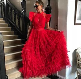 Tule High Red Low Tail Prom Jurk Special Ocn kralen Ruches Ruches CLEVING AVOND JURK FORMALE ROBE GALA