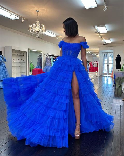 Robe De bal multicouche en Tulle, bleu Royal, épaules dénudées, fente latérale, robe spéciale Ocn, 2024, 326 326