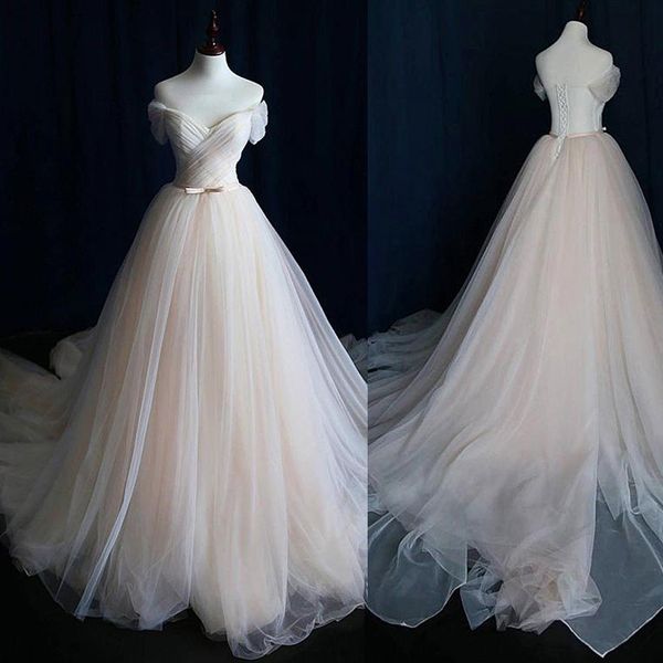 Vestido de novia de longitud completa con escote en forma de A y hombros descubiertos de tul con cinturón Vestidos de novia con pliegues cruzados decentes