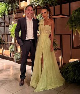 Tule prom elegante jurk 2023 Een schouder met boog hoge zijde spleet mouwloze lange a-line avond formele gala party jurken gewaad de soiree vestidos feest