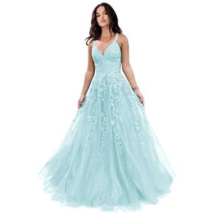 TULLE PROM VOOR Women 2024 Sparkly Lace Appliques lange baljurken met spaghetti-riemen A-lijn avondjurken prom amz