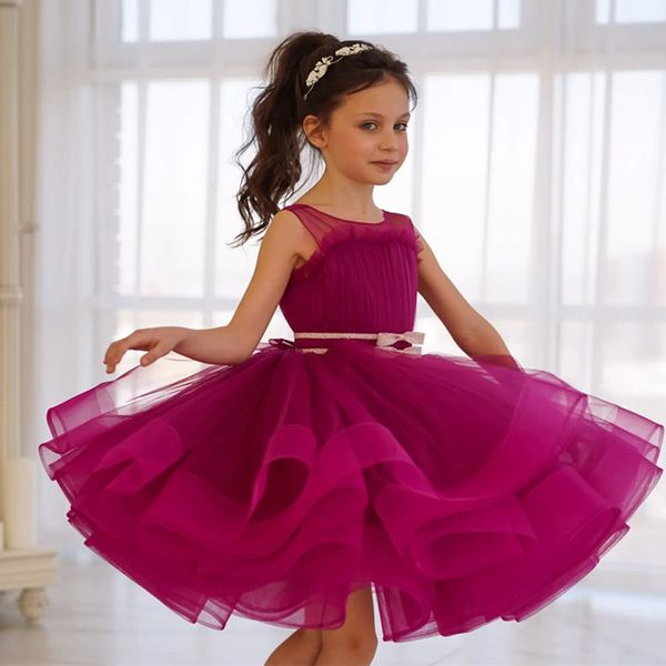 Robes bouffantes en Tulle pour filles, col rond, à volants, avec nœud papillon, robe de bal pour enfants, longueur aux genoux, robe de fête d'anniversaire pour nourrissons, 2022