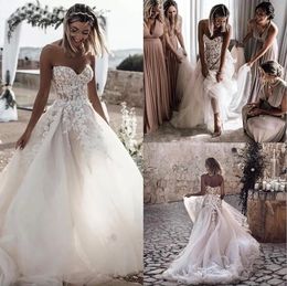 Tulle Sexy Sweetheart A Line Wedding Dresses Romantic Lace Appliques Beaded Bohemian Country Bridal Gowns Open Back Sweep Train Second Reception Dress ppliques