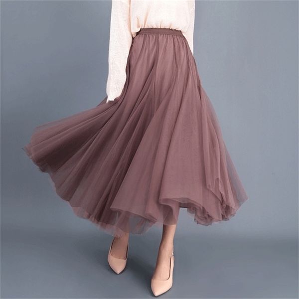 Falda de tul malla falda tutú elástica primavera verano coreano cintura alta kpop moda plisada falda larga negro / caqui 210724