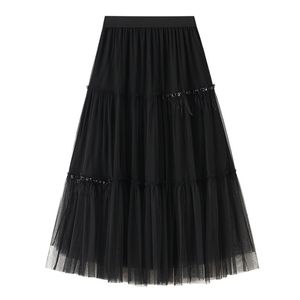 Faldas de tul para mujer faldas mujer moda moda elástico cintura alta malla tutu maxi plisado largo midi saias jupe falda de mujer 210524