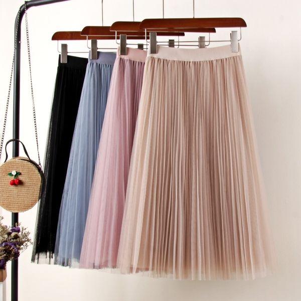 Tulle jupes femmes Midi jupe plissée noir rose Tulle jupe femmes printemps été coréen élastique taille haute maille Tutu jupe 210303