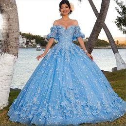 Tule Sky Sparkly Blue Quinceanera 2023 Gillter Princess Lace-Up Corset Vestido de 15 anos Sweet 16 jurken Gala