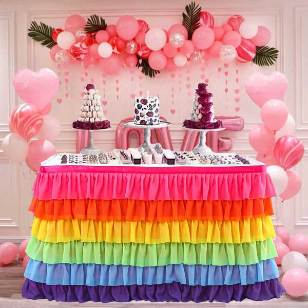 Falda de mesa de retales con tutú de tul, mantel de 6 niveles, vajilla de colores, decoración para fiesta de bienvenida de bebé, cumpleaños y boda