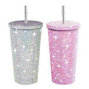 Tumbler Glitterbekers met deksel Roestvrij staal vacuüm thermisch met rietje Strass geïsoleerde kantoormok voor ijskoud of warm Dri 240122