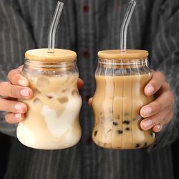 Gobelets 1/2 pièce 500 ml de rouleau en verre avec paille Mason Jar JUI transparent café et lait Bamboo Livre Bar Bar H240506
