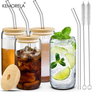 Tumblers 1/4PCS 400 ml glazen beker met houten deksel en stro sap drink bier mokkoffer transparant water geschikt voor feesten H240425