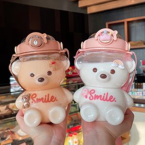 Tumblers 1000 ml1400 ml kawaii beren ketel stro water beker zomer grote capaciteit plastic rietje drinking cute cute kinderen waterfles 230206