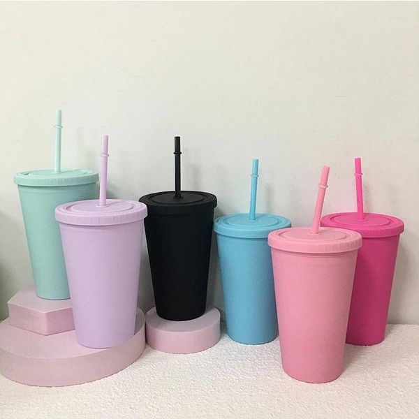 Gobelets 10 pièces/lot 16oz acrylique cône eau tasses avec couvercles paille gobelet Double paroi mat en plastique réutilisable Portable coloré pour la fête