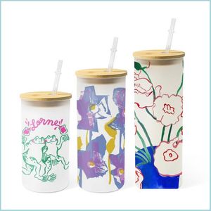 Gobelets 12/16/25Oz Sublimation Verre Peut Gobelet Givré Cola Couvercle En Bambou Bière Cocktail Tasse Whisky Tasse À Café Thé Glacé Pot Goutte Del Dhzup