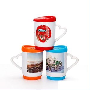 Tumblers 12oz sublimatie keramiek mokken tumblers koffiekopje met harthandgreep diy printen sile coaster en deksel druppel levering 2022 h dhrz0