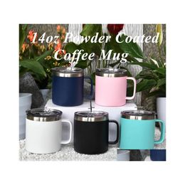 Gobelets 14Oz Tasse À Café Avec Poignée En Acier Inoxydable Enduit De Poudre Gobelet De Voyage Tasse Vide Insated Cam Couvercle Drop Delivery Home Gard Dhghi