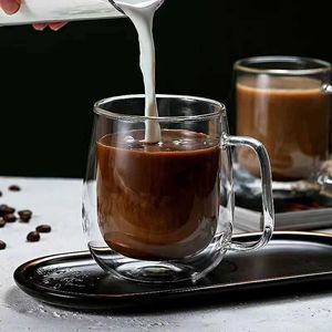 Gobelets 150-350 ml résistante à la chaleur tasse en verre borosilicaté tasse à double tasse à café avec poignée lait d'eau claire tasses cadeau h240506