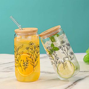 Tumblers 16oz zwarte plant helder drinkglas kan met bamboe deksel stro sap koffie melkbeker voor warme/koude drankjes drinkware cadeaus H240425