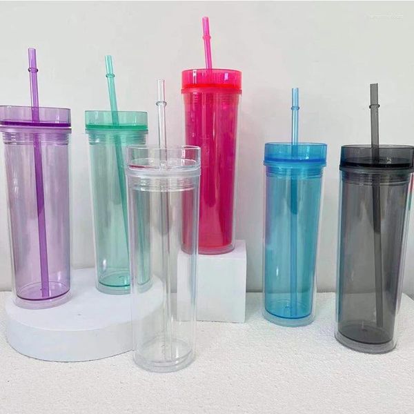 Tumblers 16 oz Clear acrílico flaco con tapa de paja tapa de agua delgada tazas de jugo altas botella de plástico para regalo de fiesta