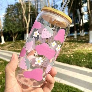 Tumblers 16oz roze aardbei Hoog borosilicaat helder drinkglas kan met bamboe deksel aangepaste sticker geschenken voor koppels vrienden familie H240425