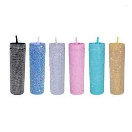 Gobelets 16oz Skinny Tumbler Double paroi Bling Bouteille d'eau Glitter Strass Tasse en plastique avec couvercle paille pour la plage de fête de bureau à domicile