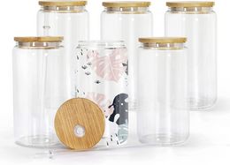 Tumblers 16oz Sublimación Vidrio Tazas de cerveza con tapa de bambú Paja DIY Espacios en blanco Frosted Clear Lata Tazas Transferencia de calor Cóctel Café helado Whisky Gafas SS0328