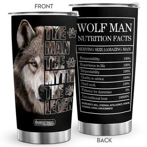 Gobelers 1pc 20oz wolf man nutrition faits imprimer gobelet isolé avec couvercle en acier inoxydable double vide tasse de voyage tasse de voyage