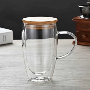 Gobelets 1pc 350 ml 450 ml Tasse de café en verre à double paroi avec poignée de couvercle de bambou Cappuccino tasse thé verres transparents H240506