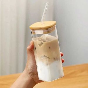 Gobelets 1pc 400 ml tasse de verre à café résistant à la chaleur avec couvercle et paille de thé à lait transparent tasses de jus de tas de boiss